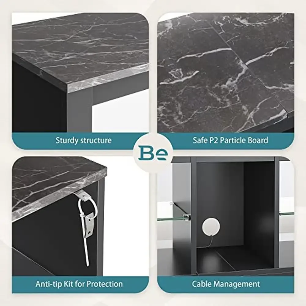 LED Entertainment Center TV Stand Adjustable Glass Shelves Gaming Console Storage