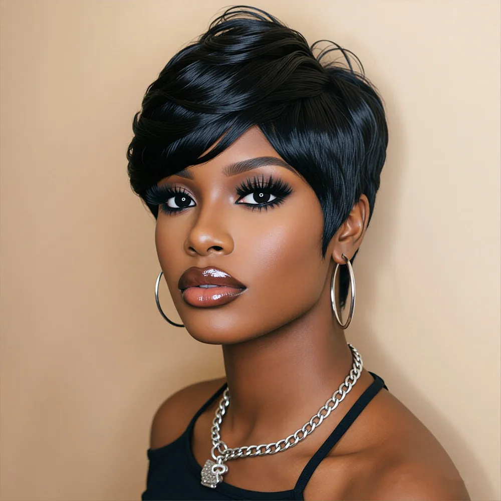 pixie cut human hair wig for women 6inch natural black color daily party use 150% density  hair wig  short straight wig image 2