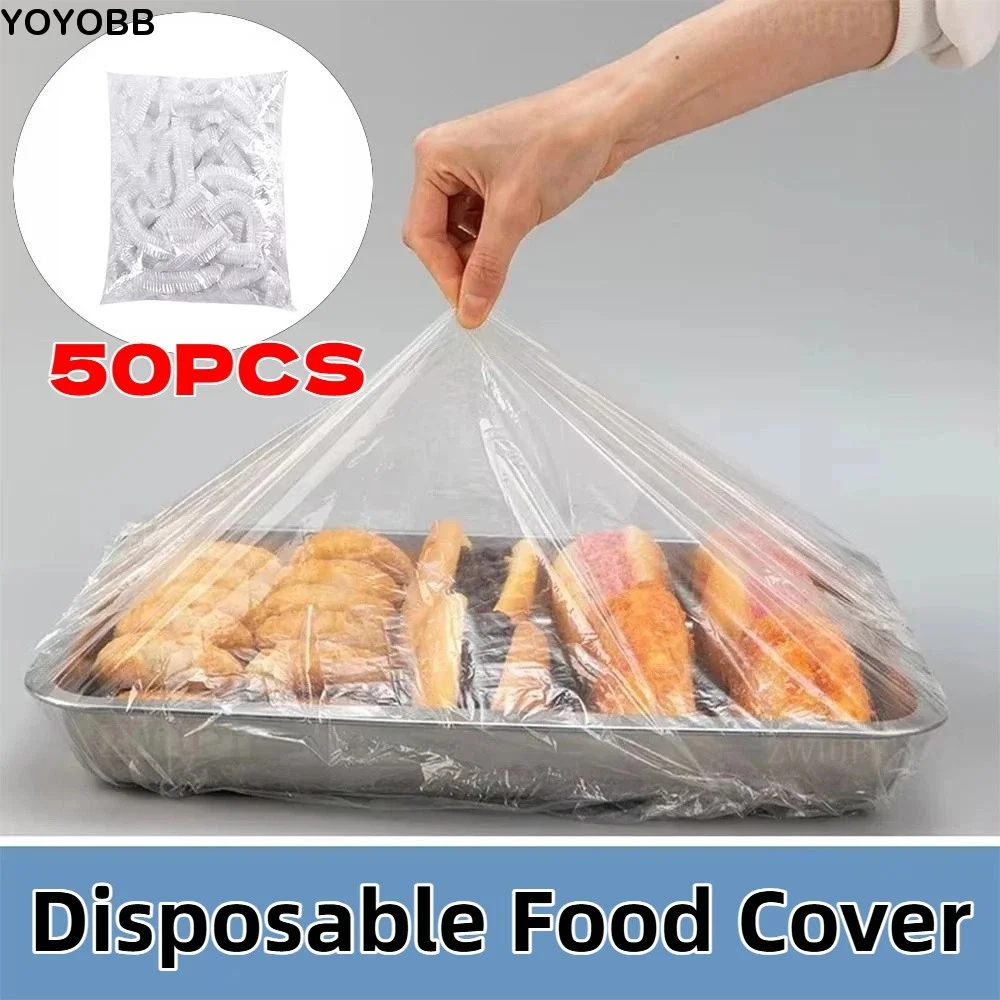 50Pcs/Pack Clear Disposable Food Cover Elastic Band Stretchable Wrap Bowl Covers Durable 50cm Disposable Dust Cover Food Storage