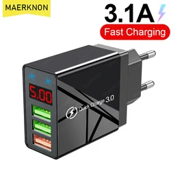 USB-Schnellladegerät 3-Port mit LED-Display Telefonadapter für iPhone Samsung Xiaomi Huawei Quick Charge 3.0 EU/US-Stecker Wandladegerät