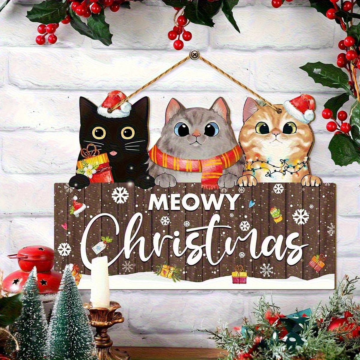 Cute Christmas Cat 2D 1PCS Wooden Wall Hanging Welcome Sign Holiday Villa Apartment Porch Home Christmas Decor Perfect Gift