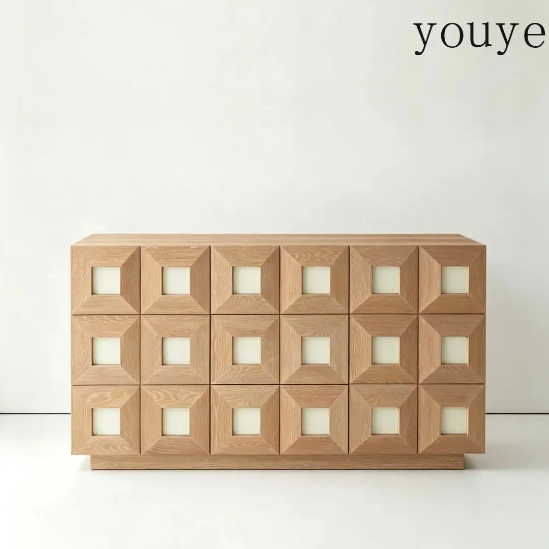geometric hollow wooden side cabinet three-dimensional relief retro three-dimensional square storage cabinet art style