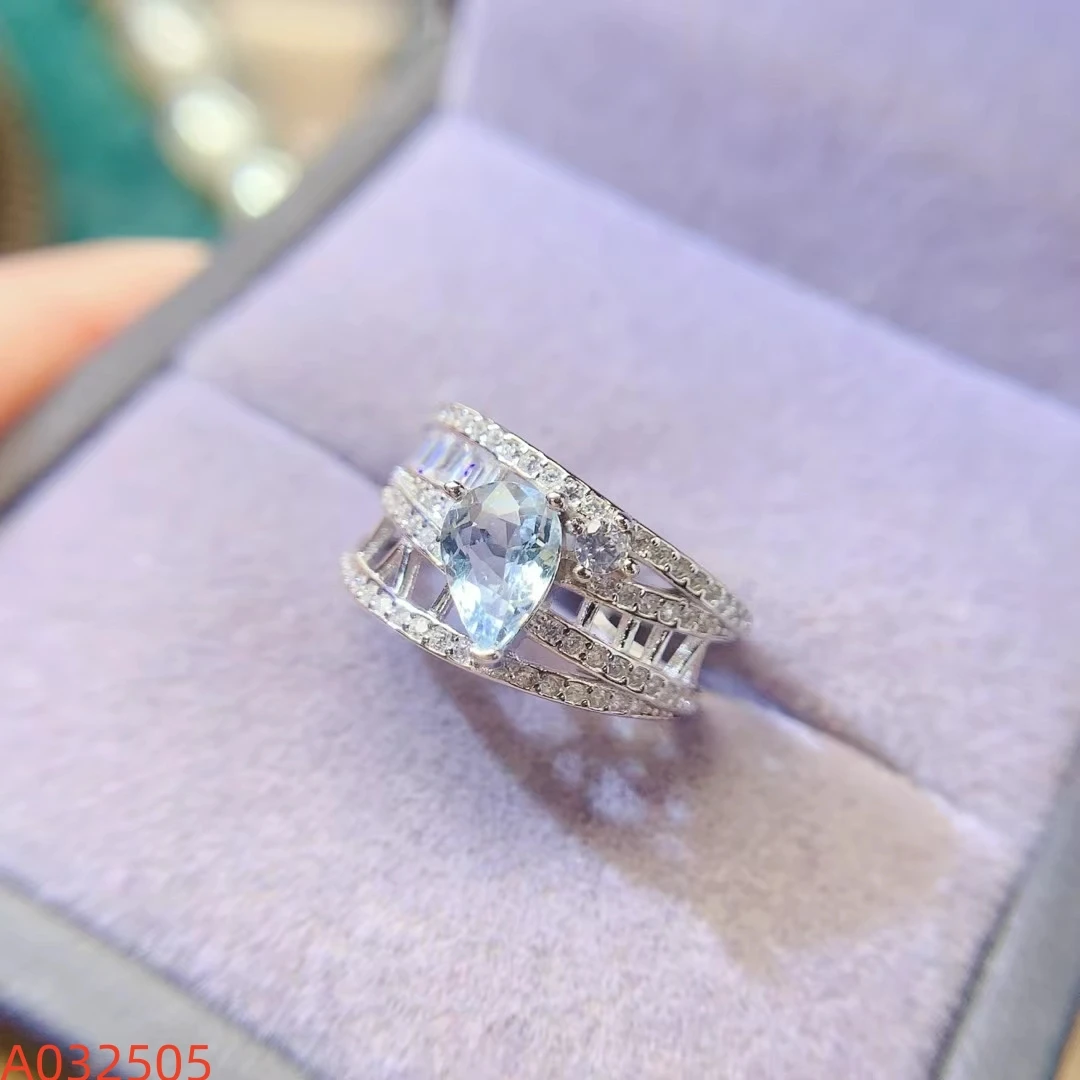 KJJEAXCMY bague aigue-marine naturelle argent S925, processus de couleur de verrouillage électrolytique, haute clarté pleine de lustre Test de Support