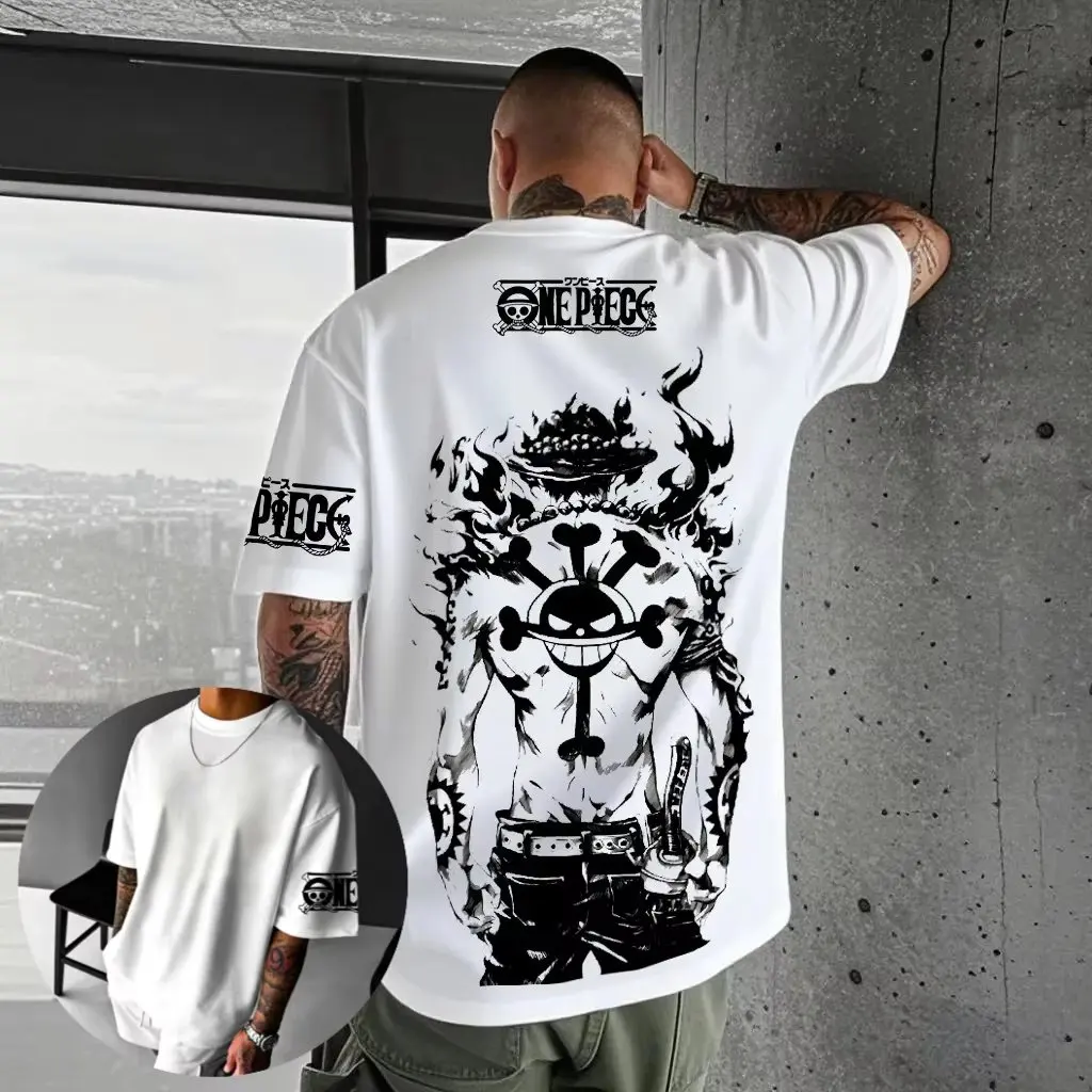 قطعة واحدة لوفي أنيمي تي شيرت الرجال النساء قصيرة الأكمام المحملة خمر كبيرة الحجم Y2k ملابس الصيف رداء علوي غير رسمي الشارع الشهير الكرتون طباعة #4
