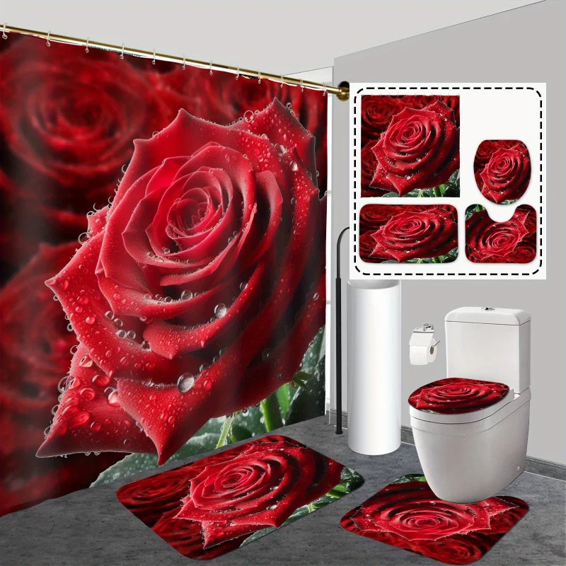 Valentine's Day 4pcs Bathroom Set: Waterproof Shower Curtain with 12 Hooks, Non-Slip Rug, U-Shape Mat & Toilet Lid Cover - Vibra