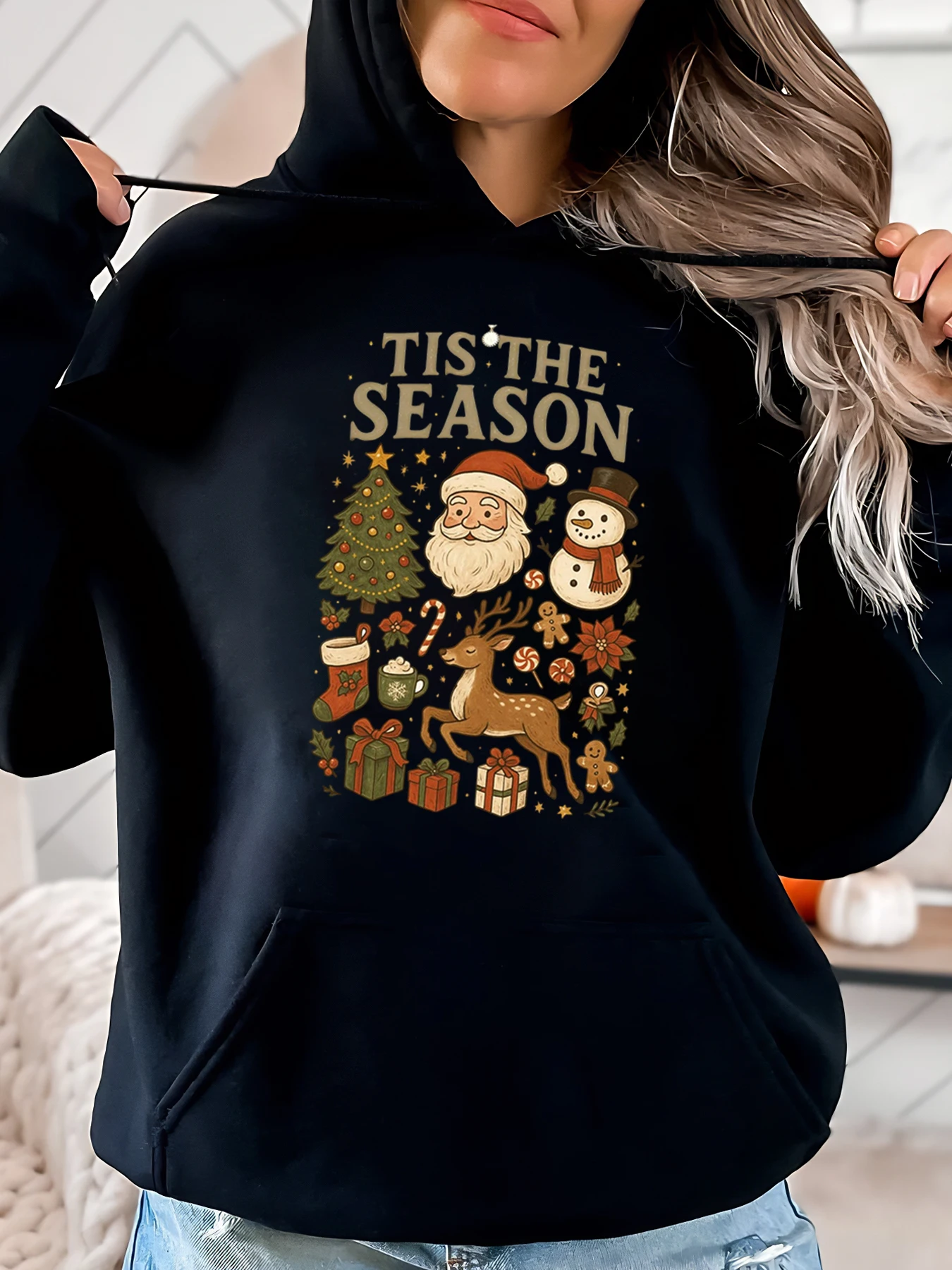 Tis la saison sweat à capuche imprimé de noël femmes vêtements de vacances décontractés noir grande taille