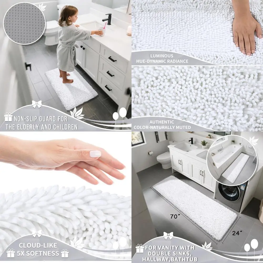 

70x24 Inch Thick Chenille Bath Rug, Soft & Absorbent, Non-Slip, Machine Washable, White