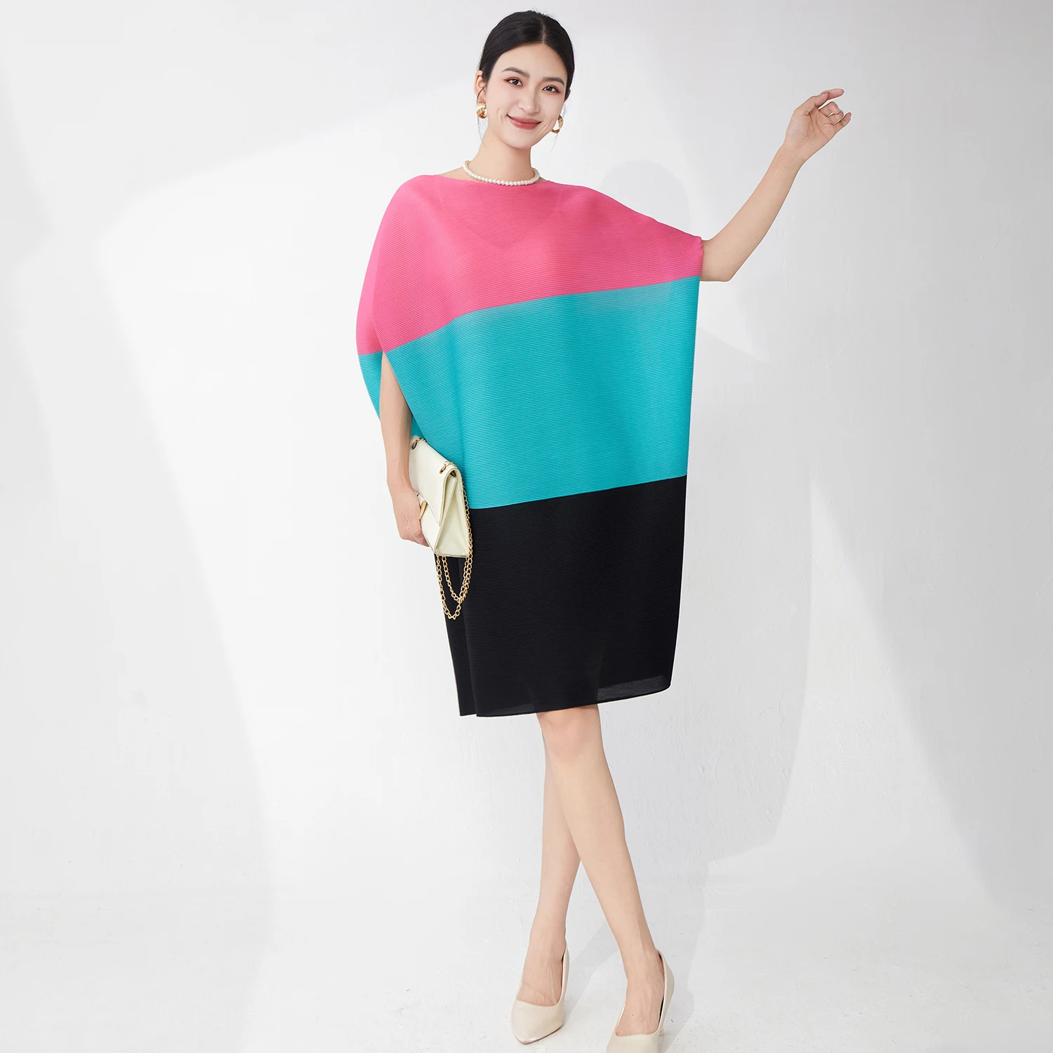 

Miyake Dress Women's Elegant Dress Bat Sleeve Summer New Fashion Large Size Casual Midi Dress