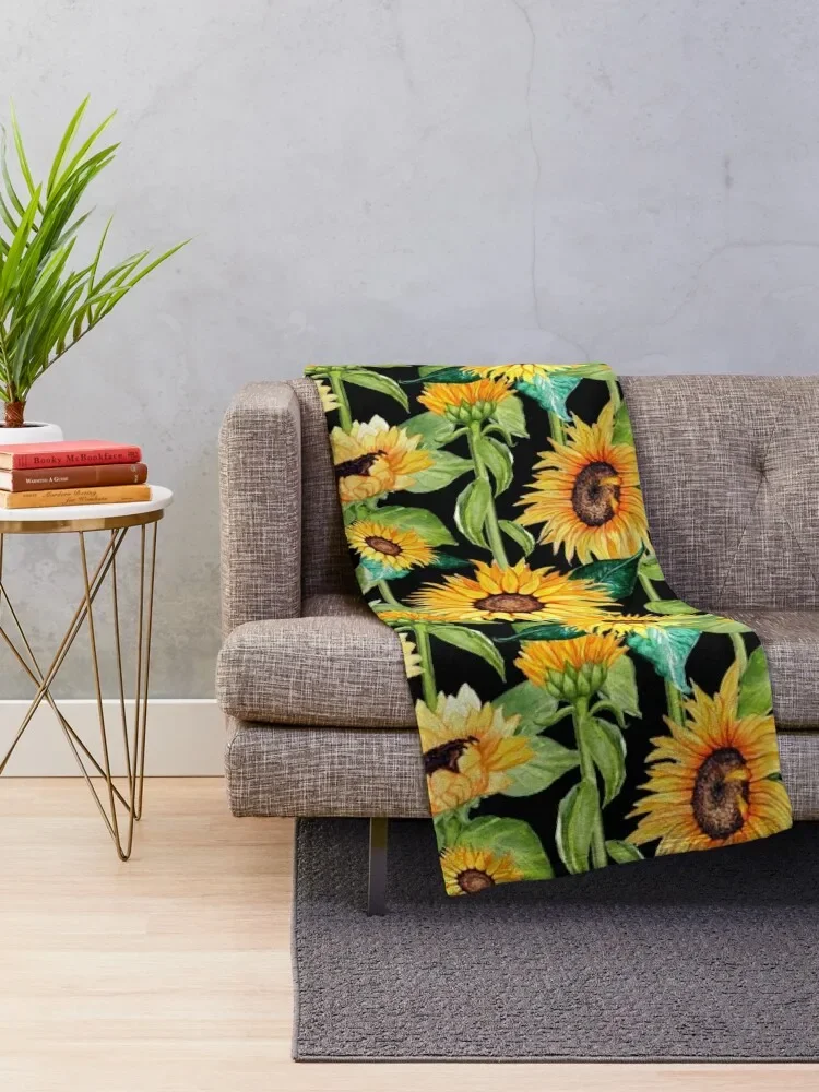 Sunflower watercolor floral on black Throw Blanket Fluffy Shaggy Blanket wednesday