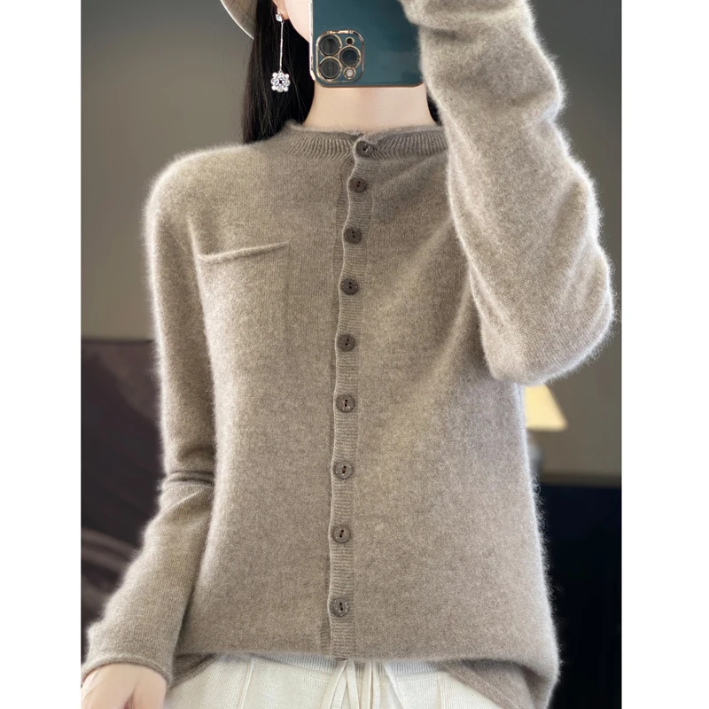 

New Fashion Women Cashmere Sweater 100% Pure Merino Wool Cardigan Ruffled-Collar Spring Autumn Female Clothing Knitwear Tops