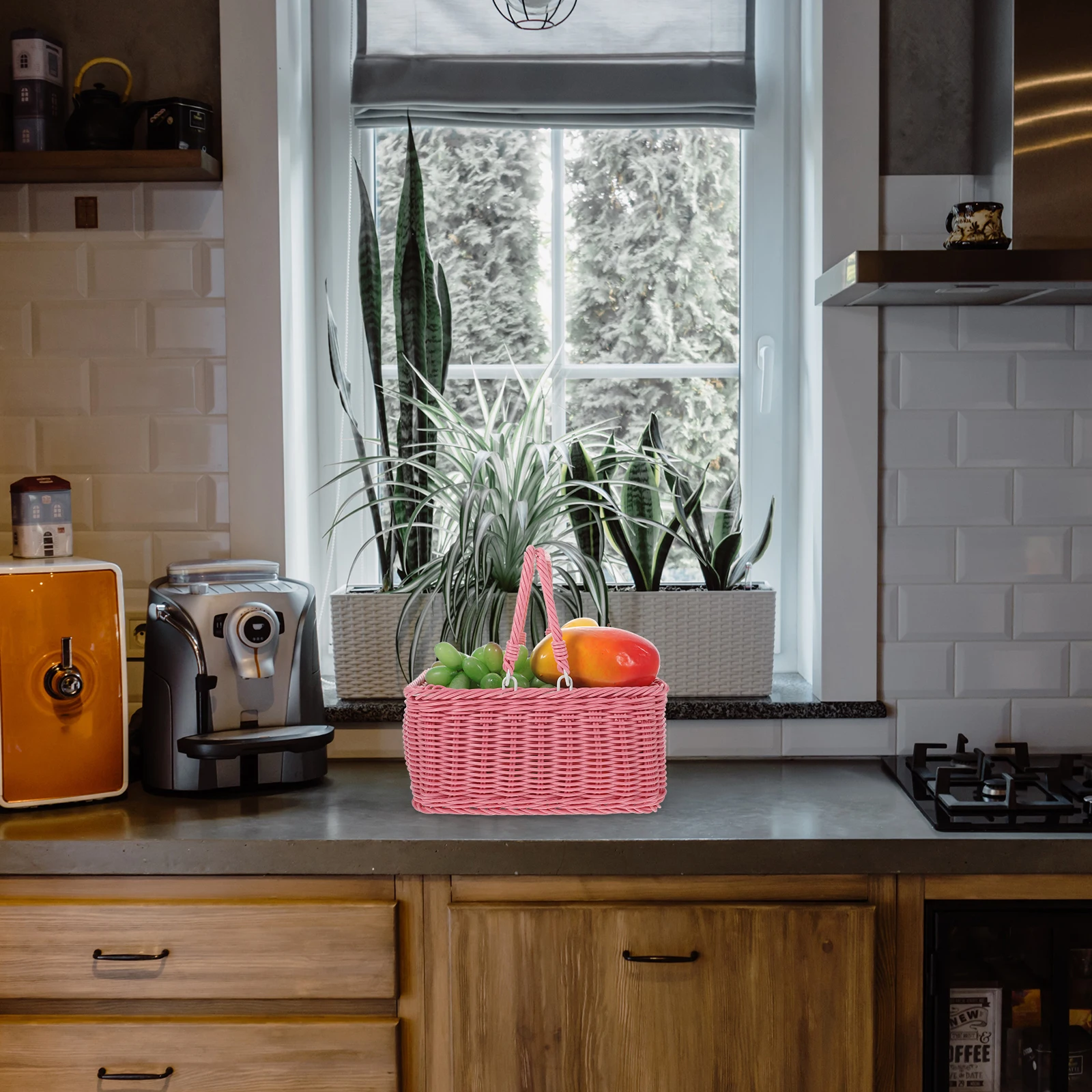 

Unique Design Woven Picnic Basket Portable Storage Basket Handmade in Pink for Fruits and Flowers