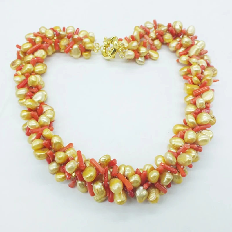 Beautiful mother gift ! 4 rows of natural Baroque and natural orange irregular coral necklaces 20