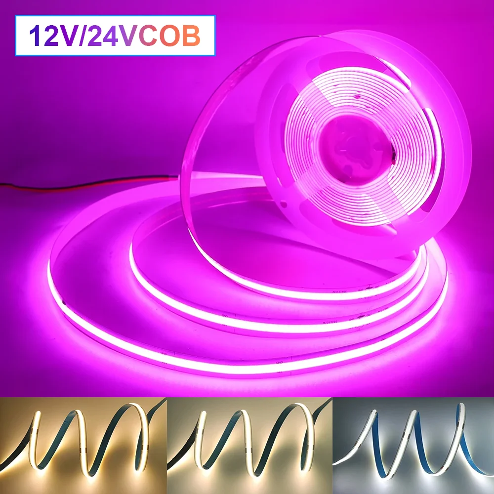 

FCOB LED Light Strip 12V24v Flexible 8mm Width High Density White Pink Yellow Flexible Dimmable RA90 Cob LED Light Strip