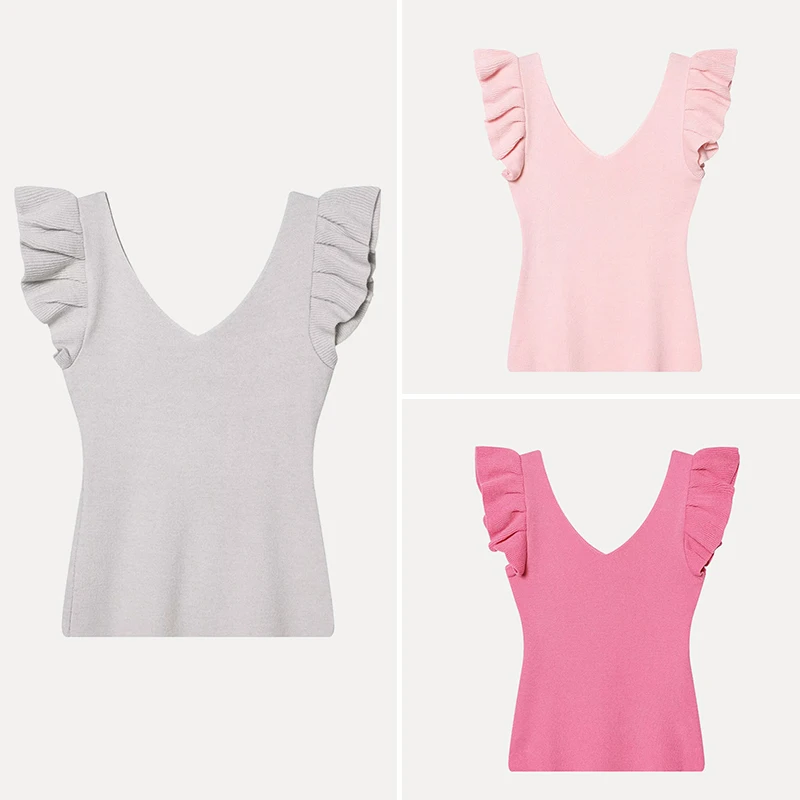 

Fashionable V-Neck Knitwear Women's Spring 2026 New Arrival Elegant Versatile High-End Feeling Fly-Sleeve Knitted Top