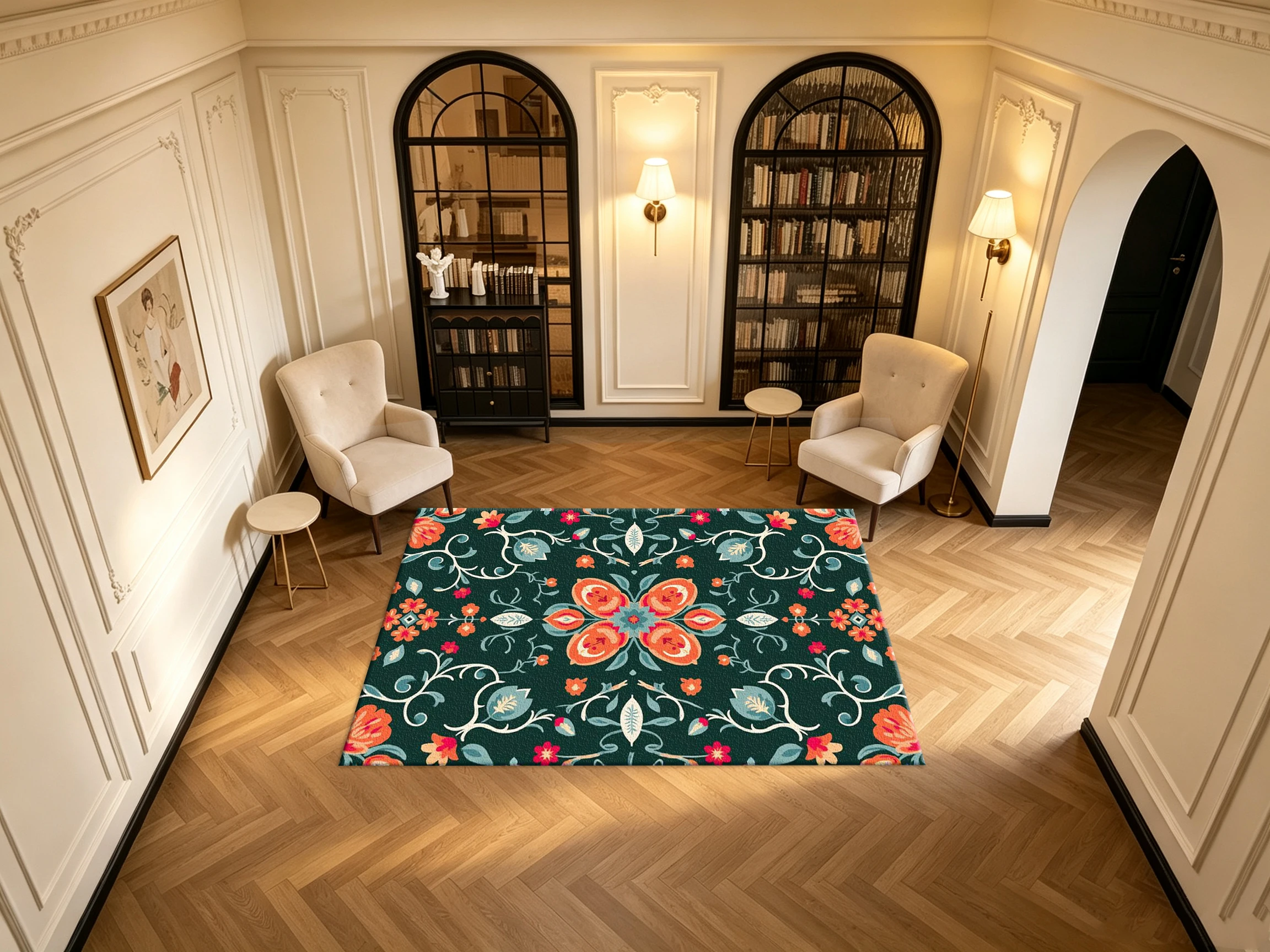 Boho Folk Floral Symmetric Pattern Carpet Flooring Retro Orange Green Botanical Printed Square Area Rug for Home Living Room Decor