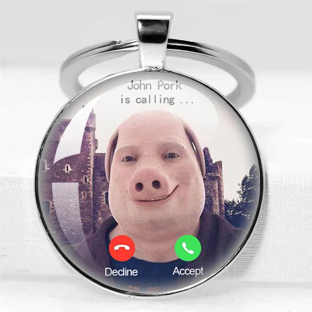 John Pork is Calling Answer Call Phone Humor Funny Pig Lover Graphic Meme Glass Cabochon Fashion 30MM Keychain Jewelry Gifts