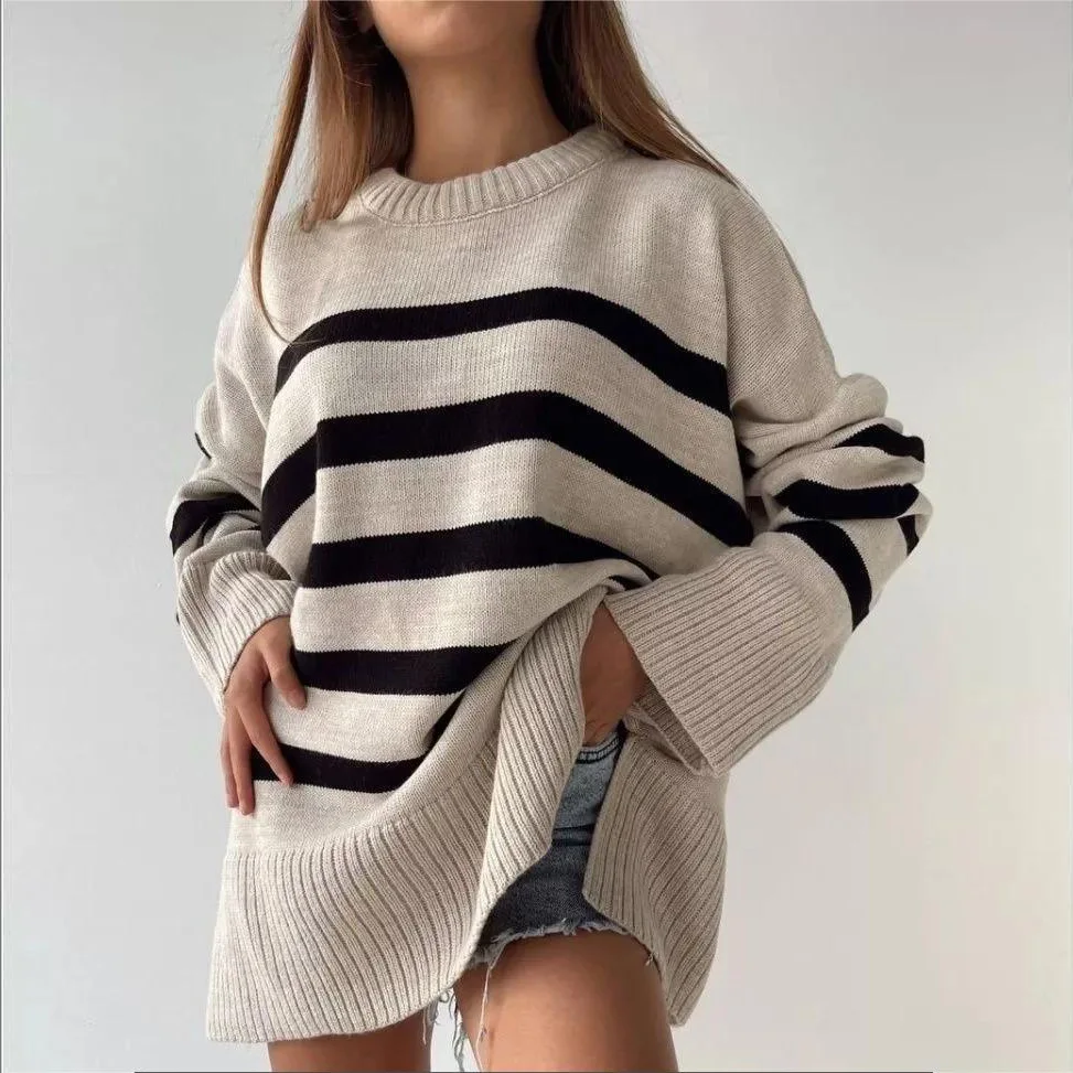 

Khaki Striped Knitted Sweater Female Jumpers Long Sleeve Knitting Pullovers Women Pull Tops Autumn Winter White Loose Sweaters