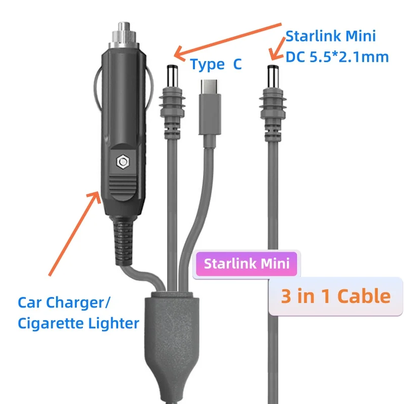 Starlink Mini 3 in 1 Power Cable 6.5FT/10FT/16FT 18AWG Cigarette Lighter Car Charge,DC,Type C to DC Starlink Mini Cable