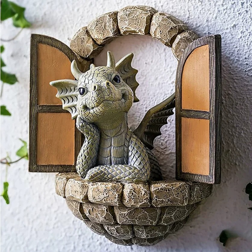 Cute Little Window Dragon Open Door Dragon Resin Dinosaur Crafts Garden Balcony Sculpture Artwork Kindergarten Statue Decoration