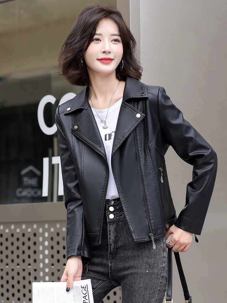 ファッショナブルな本革ジャケット女性用オートバイスタイルカジュアルレザーシープスキンコート大きいサイズバイカーアウターウェア