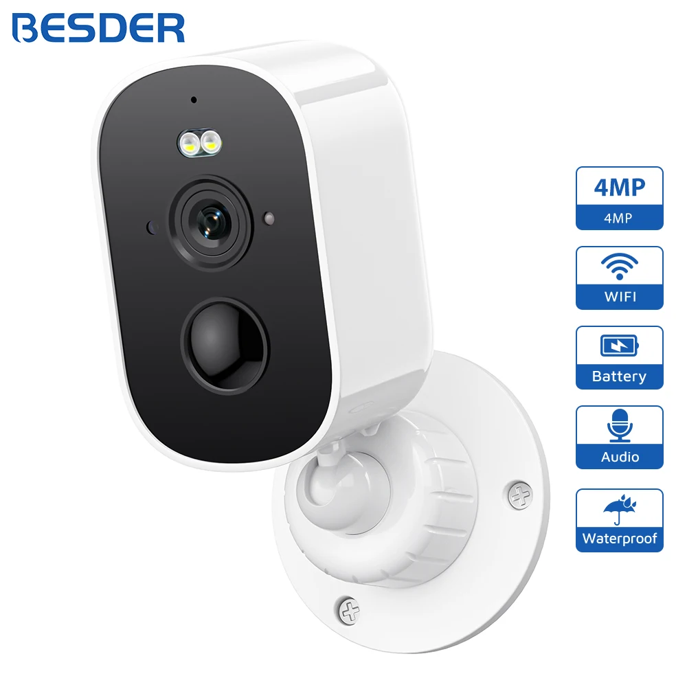 BESDER 4MP WiFi Camera Bulid in 4800mAh Rechargeable Battery Outdoor PIR Human Detection 2MP CCTV Security IP Camera iCSee App