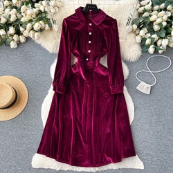 Vintage Long Sleeve Elegant Turn-down Collar Chic Single Breasted Slim Velvet Dresses French Evening High Street Winter Clothing