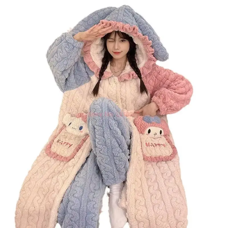 Kawaii Sanrio Hello Hot Kitty Hooded Pajamas Suit Cute Cinnamoroll Cartoon Coral Fleece Nightgown Pants Two Piece Sets Women