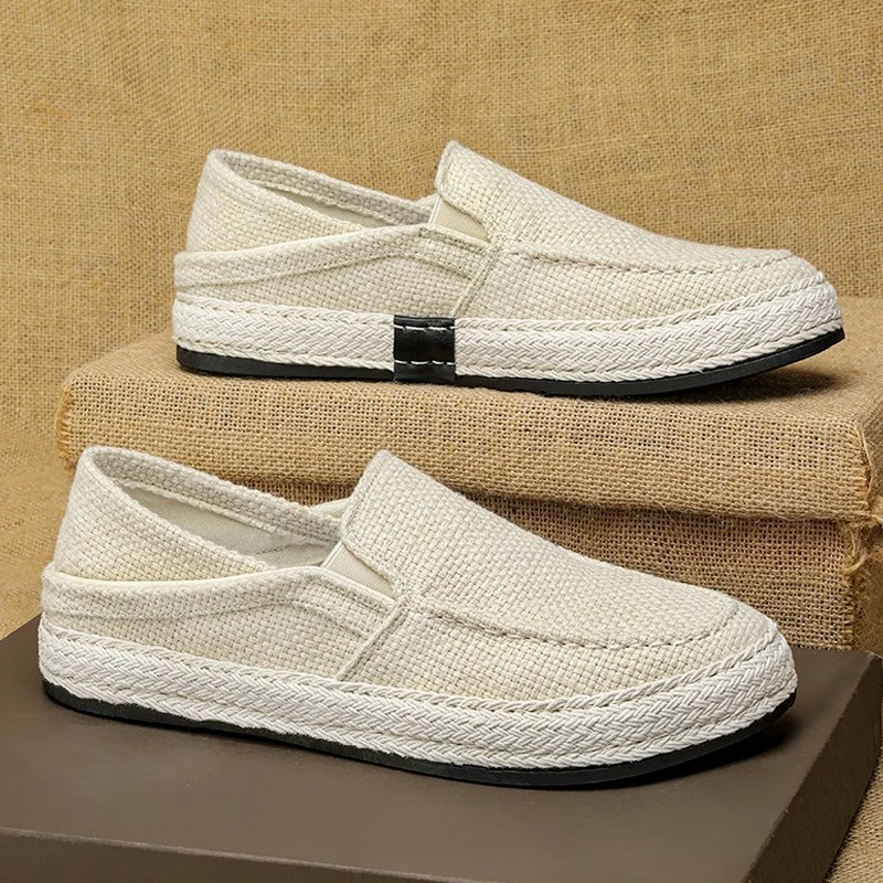 2024 New Men\'s Casual Shoes Summer Loafers Linen Breathable Walking Shoe Classic Flat Lazy Shoes for Men Weaving Tenis Masculino