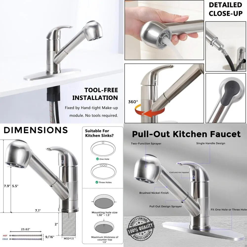 Grifo de cocina extraíble de una sola manija de níquel cepillado con rociador para fregadero pequeño de acero inoxidable