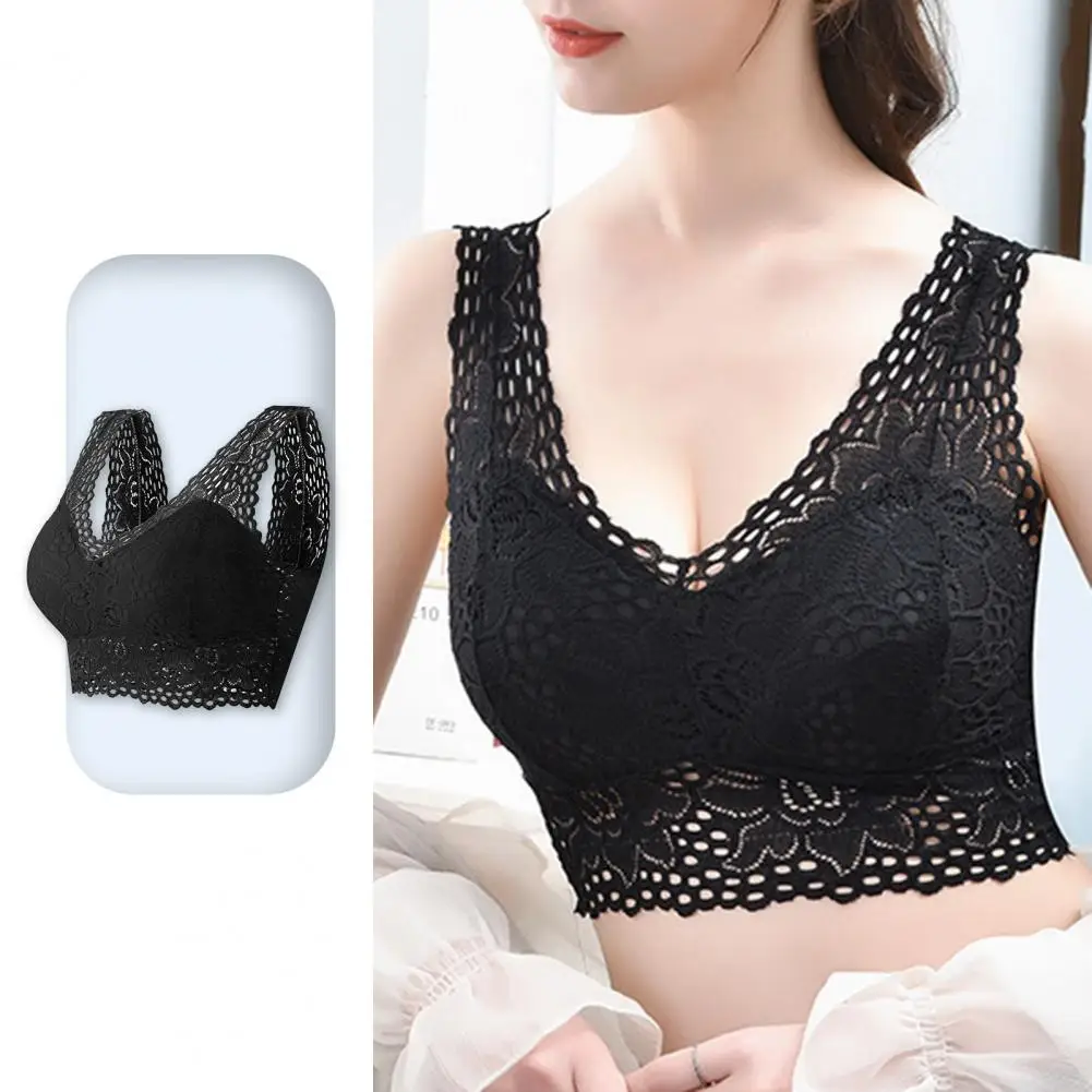 

Plus Size Supportive Bra Stylish Lace Flower Embroidery Women's Bra Wide Shoulder Strap Padded Wireless Push Up Soft Breathable