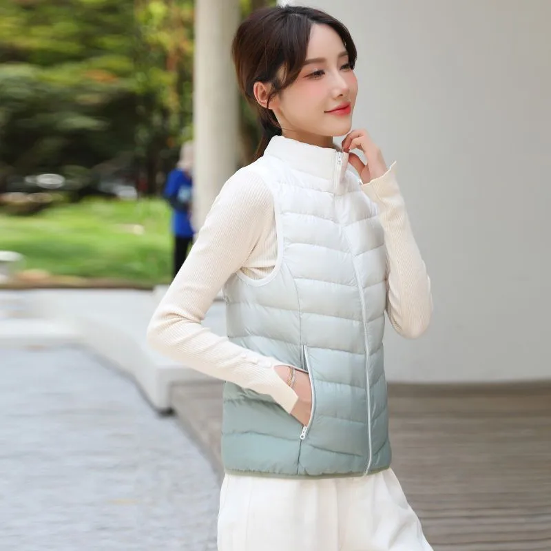 2025 Otoño Invierno sin mangas gradiente abajo chaleco mujeres ultraligero pato blanco abajo chaleco abrigo mujer cálido chaqueta corta sin mangas