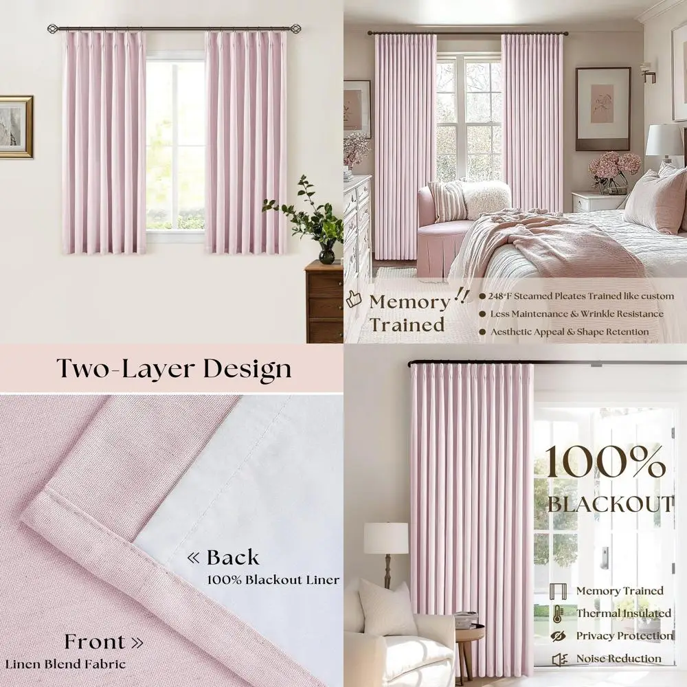 

Blush Pink Linen 2-Panel Curtains, 45 Length, Pinch Pleat, 100% Blackout, Thermal Insulated for Small Windows