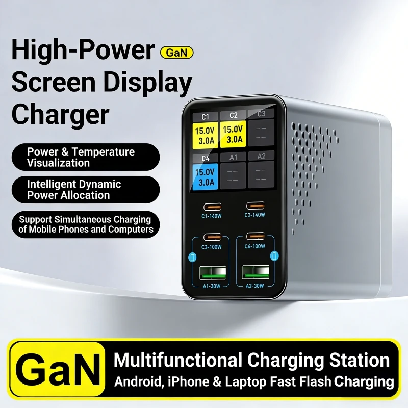 

6-in-1 140W GaN Charging Smart Multi-Port Desktop Charger PD+QC Multiport with Intelligent Digital Display for Phones&Tablets