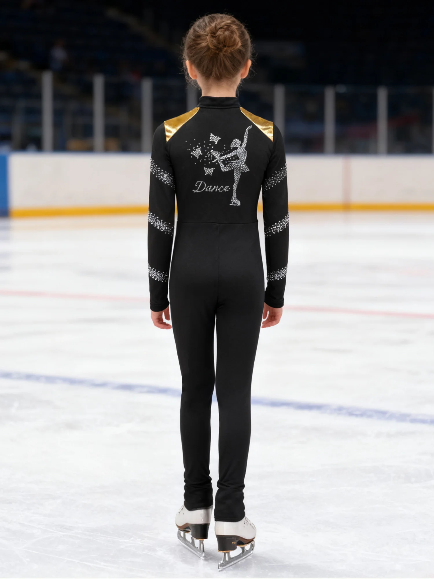 Kids Girls Rhinestones Figure Ice Skating Performance Costume Long Sleeve Zip-Up Jumpsuit Gymnastics Workout Training Bodysuit