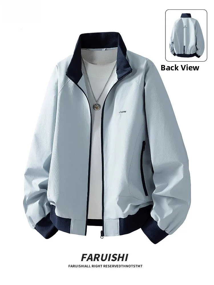 

Светло-голубая куртка с вышитым воротником, мужская, весенне-осенняя, в американском стиле, свободного кроя, на молнии, без внутренних карманов