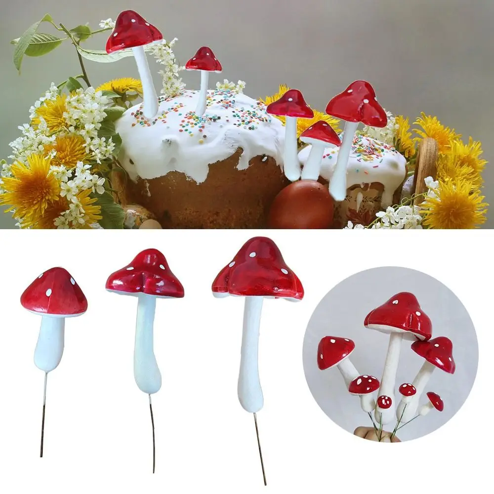 Red Simulated Mushroom Cake Topper Accessories Dessert Decor Foam Cake Insert Set DIY Baking Mushroom Cupcake Flag