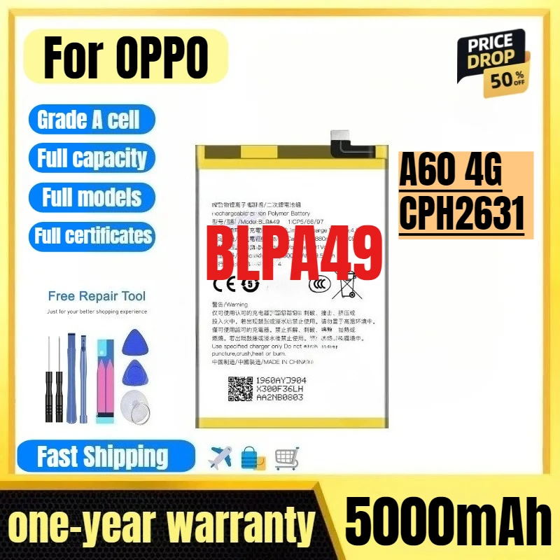 

BLPA49 for OPPO A60 4G/CPH2631 Mobile Phone Battery High Quality High Capacity Replacement Bateria Grade A Cell with Tools