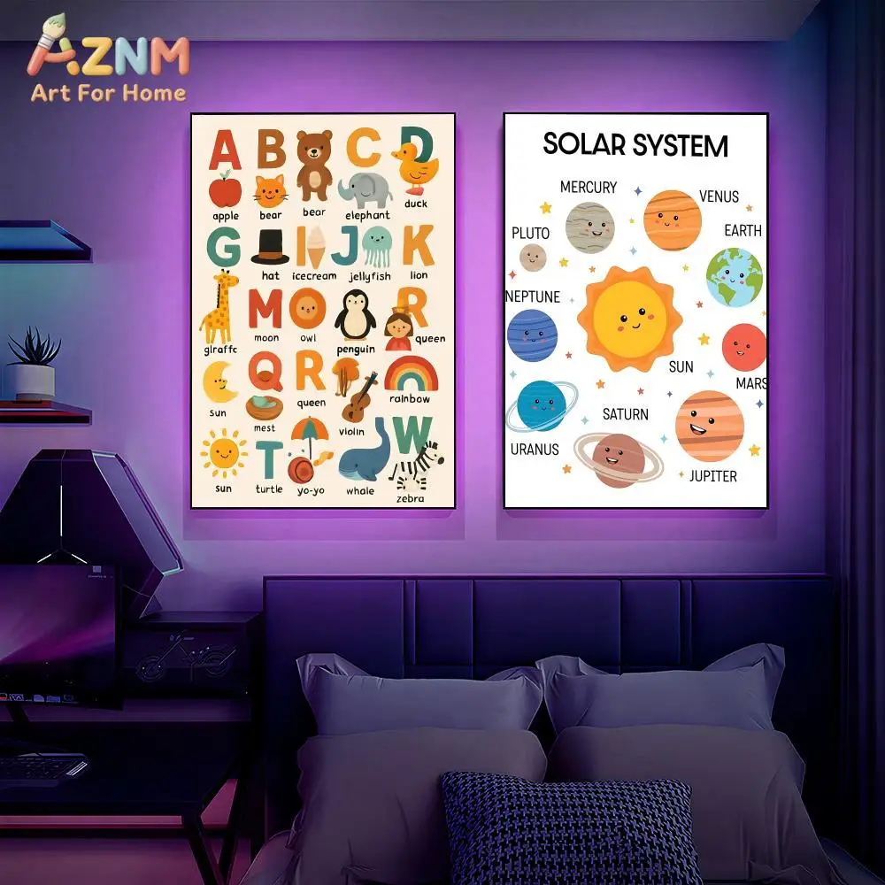 AZNM Kids Educational Canvas Wall Art Prints Solar System Alphabet Colors Months Vehicles Nursery Learning Decor Poster view 4