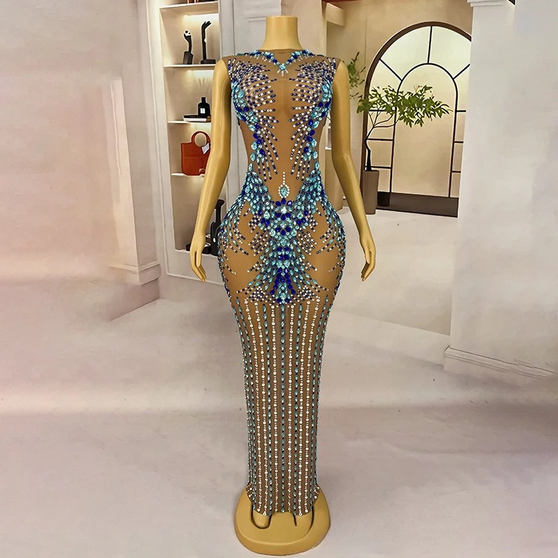 

Luxury Rhinestone Mesh Fake Meat Hip Dress Adult Model Catwalk Fashion Annual Meeting Evening Dress Evening Dresses Luxury Party