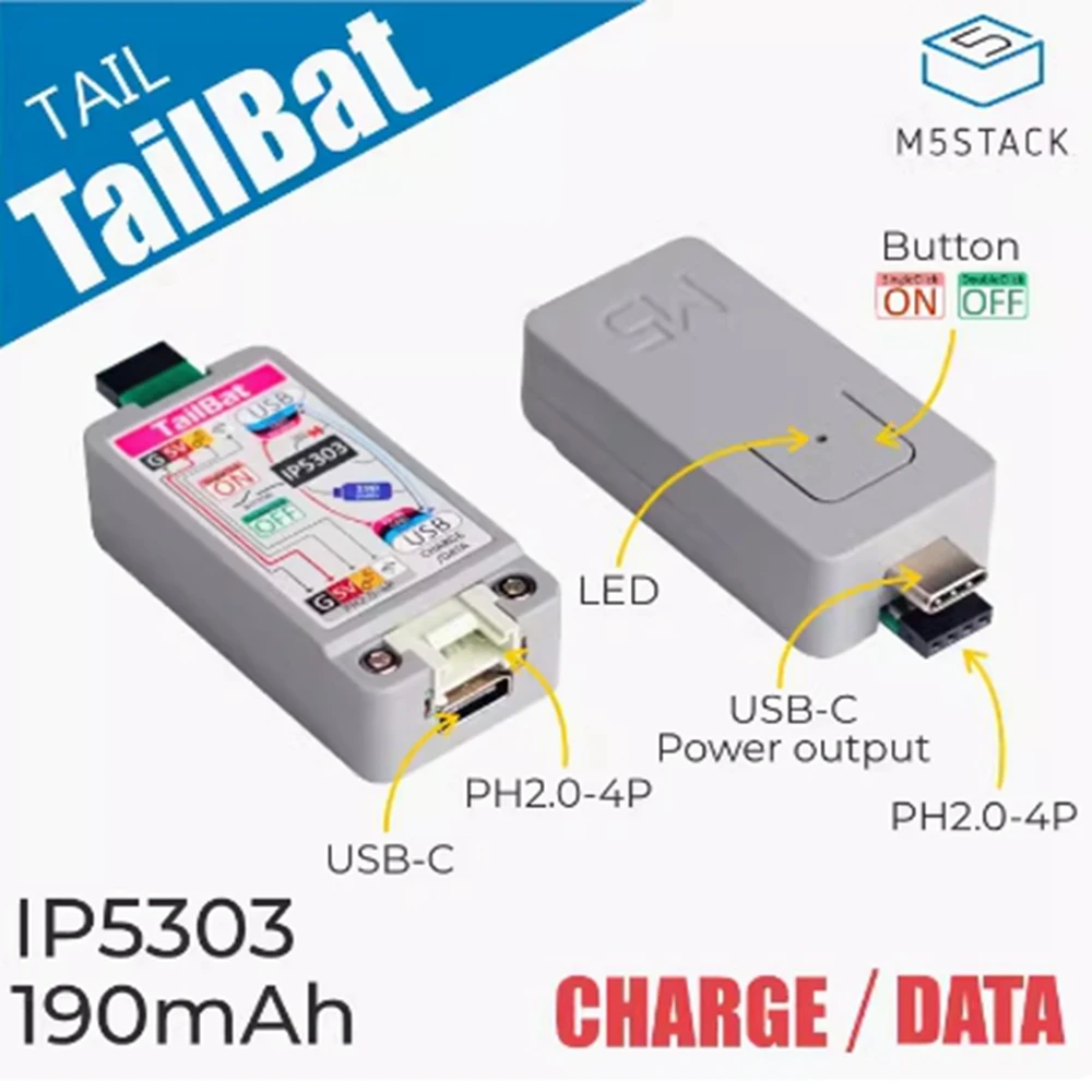 Imagem -02 - Fonte de Alimentação Móvel do Atom Tailbat do M5stack Bateria de Lítio 190mah Recarregável com Luz Indicadora