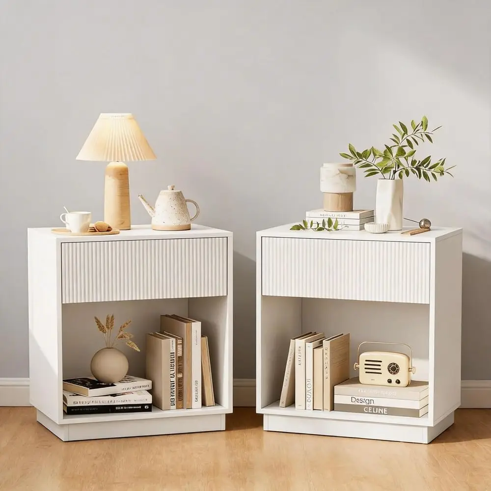

2-Piece White Wooden Nightstand Set with Drawer and Storage Shelf for Bedroom or Living Room Sofa Area