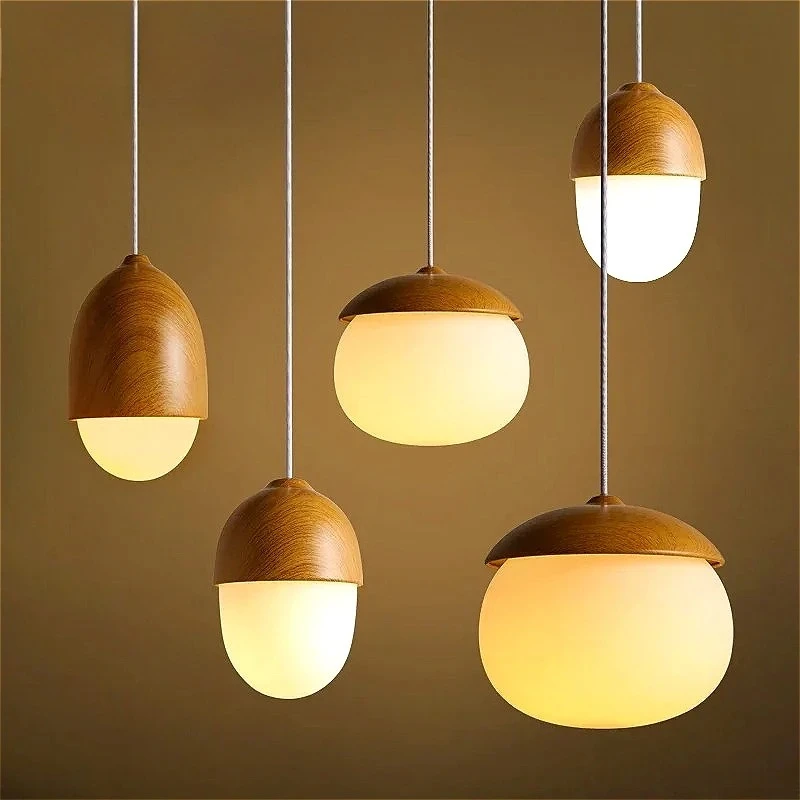 Glass Milky Ball Glass Wood Grain Iron Modern Pendant Lamp Nuts Acorn Small Mushrooms Chanderlier Led Pine Cone Pendant Light