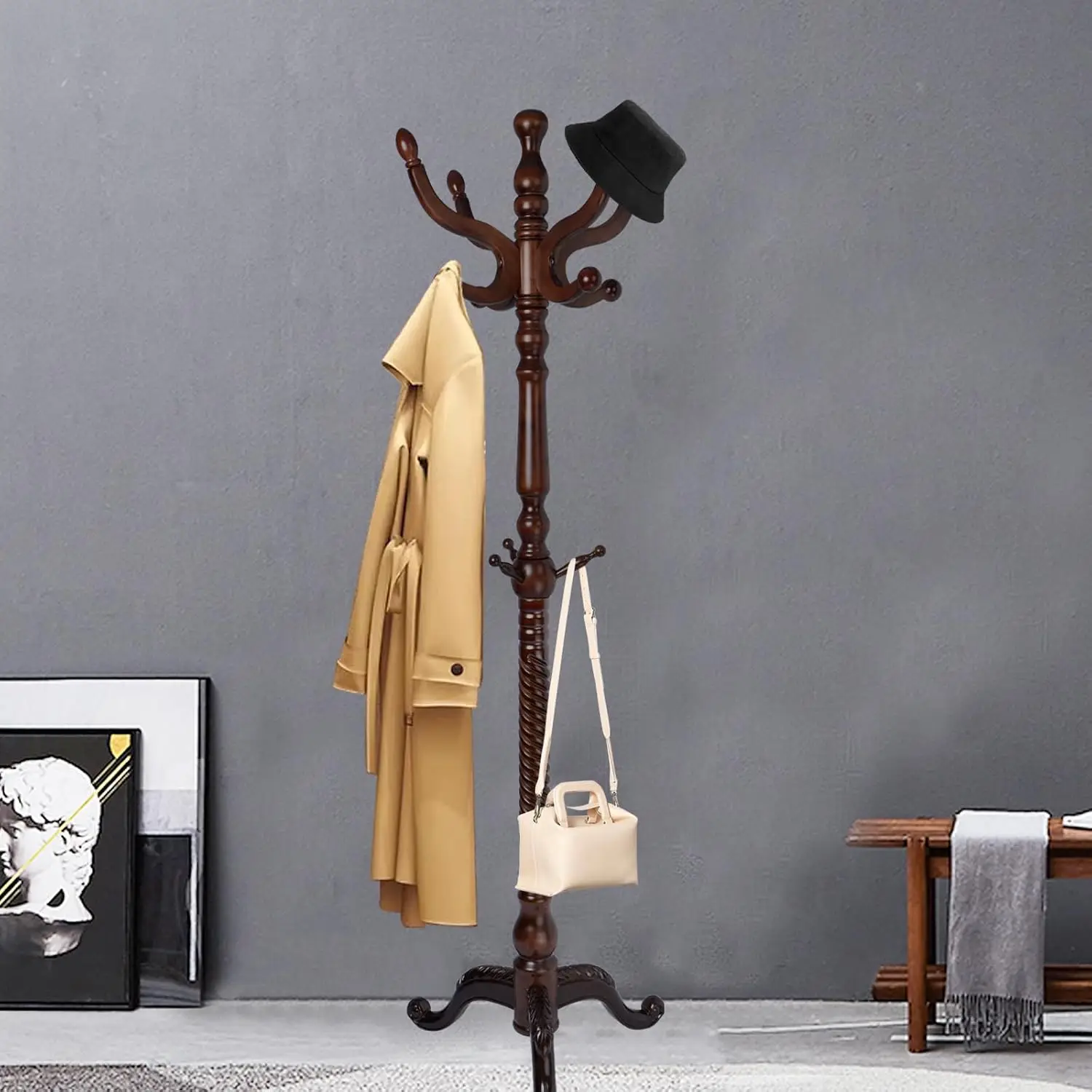 Freestanding Coat Rack 11 Hooks Natural Wood Tri-Legged Base Adjustable Height Easy Assembly Hallway Bedroom Office, Customized