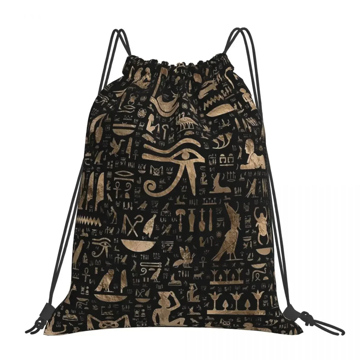 Ancient Egyptian Hieroglyphs - Black And Gold Backpacks Drawstring Bags Drawstring Bundle Pocket Sundries Bag BookBag