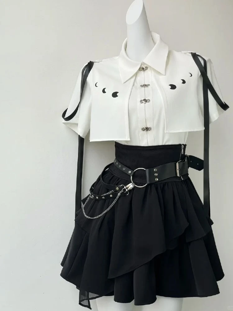 Gothic Style Elegant Top + Mini Cake Skirt + Corset Belt Three-Piece Set Women Casual Japanese Patchwork Bodycon Spring Summer view 4
