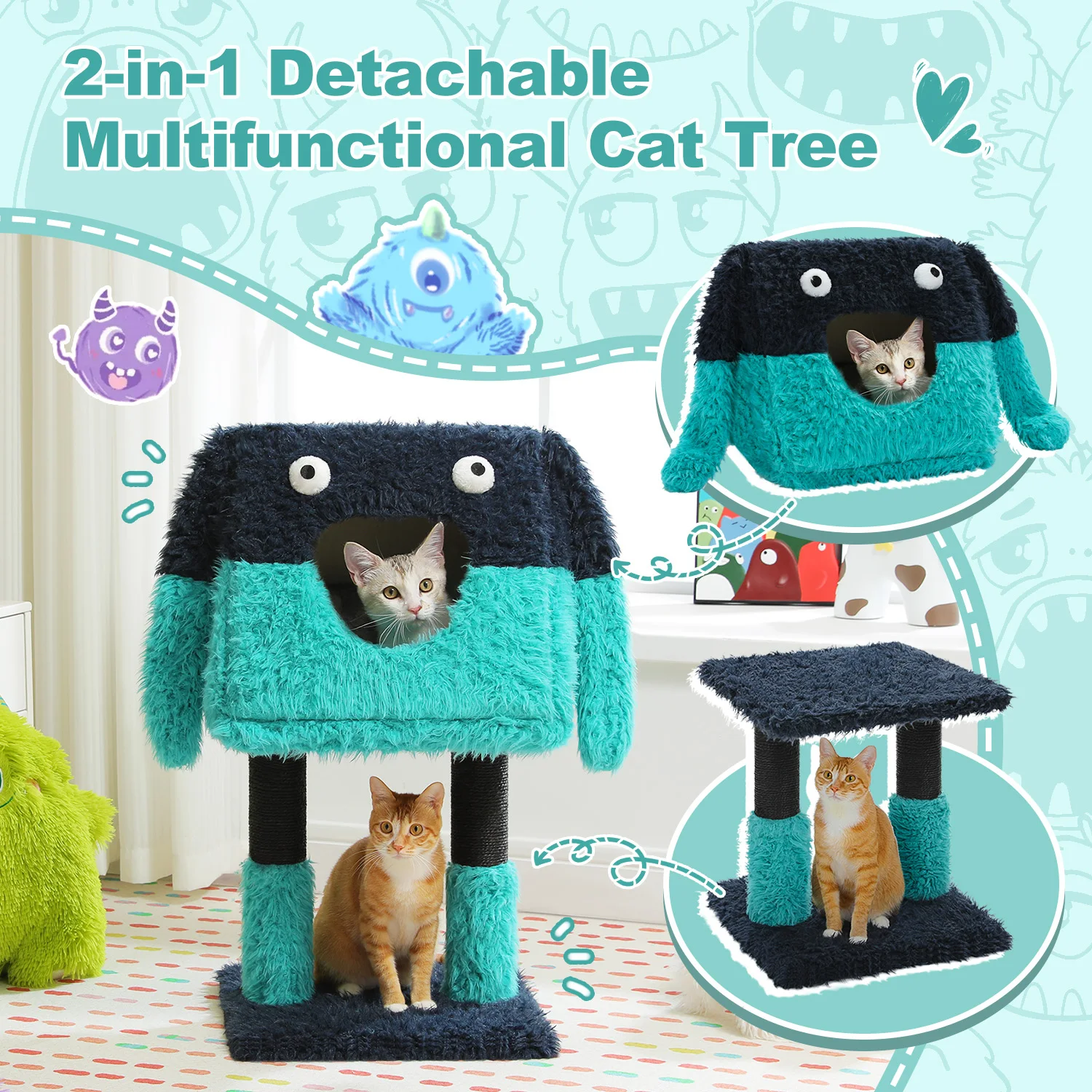 2-in-1 Detachable Cat Tree with Large Cat Condos for Indoor, Multi-Level Cat Tower with Scratching Post and Plush Ears, Cat Toys