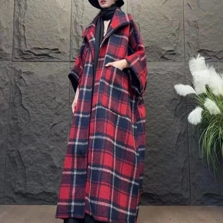 Vefadisa 2024 Autumn Winter New Red Plaid Women Wool Coat Lapel Batwing Sleeve Personality Fashion All-match Long Coat ZXY1018A