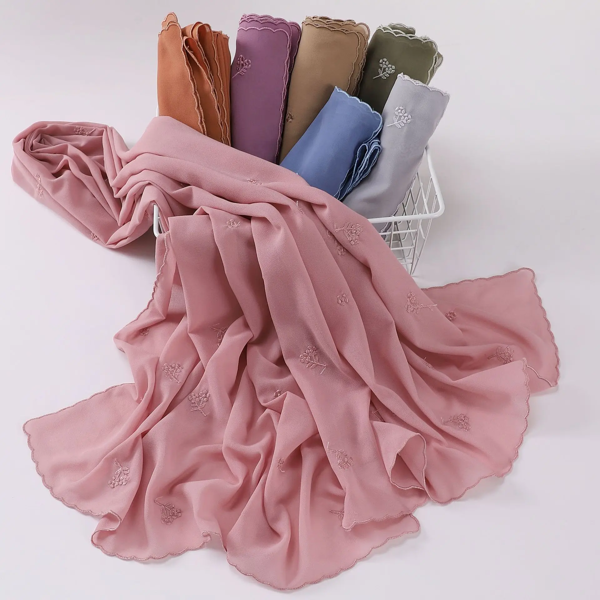 

Fashion Embroidery Chiffon Hijab Scarf For Women Shawl Plain Muslim Headband Headscarf Solid Color Headband Femme Long Muffler