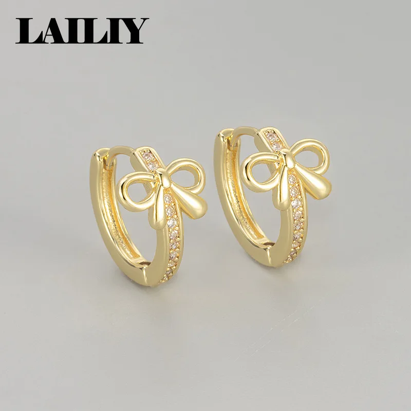 LAILIY 925 Sterling Silver 18K Gold Bow Micro Pave Zirconia Stud Earrings For Women Fashionable Jewelry Engagement Party Gift