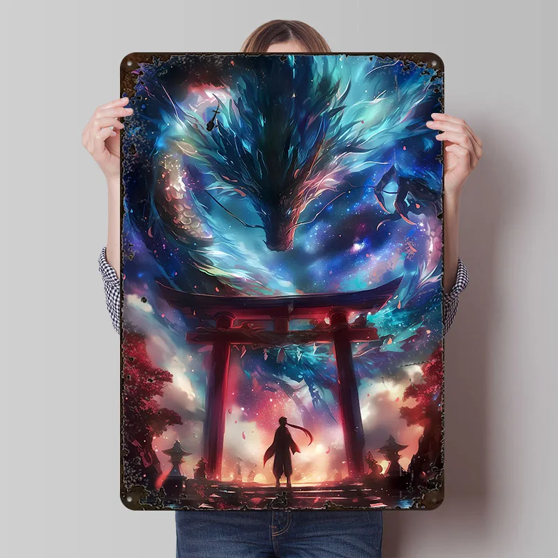 Anime Torii Gate Dragon Printed Poster Customized Wall Art Retro Vintage Metal Tin Signs for Home Gaming Room Decoration Cozy